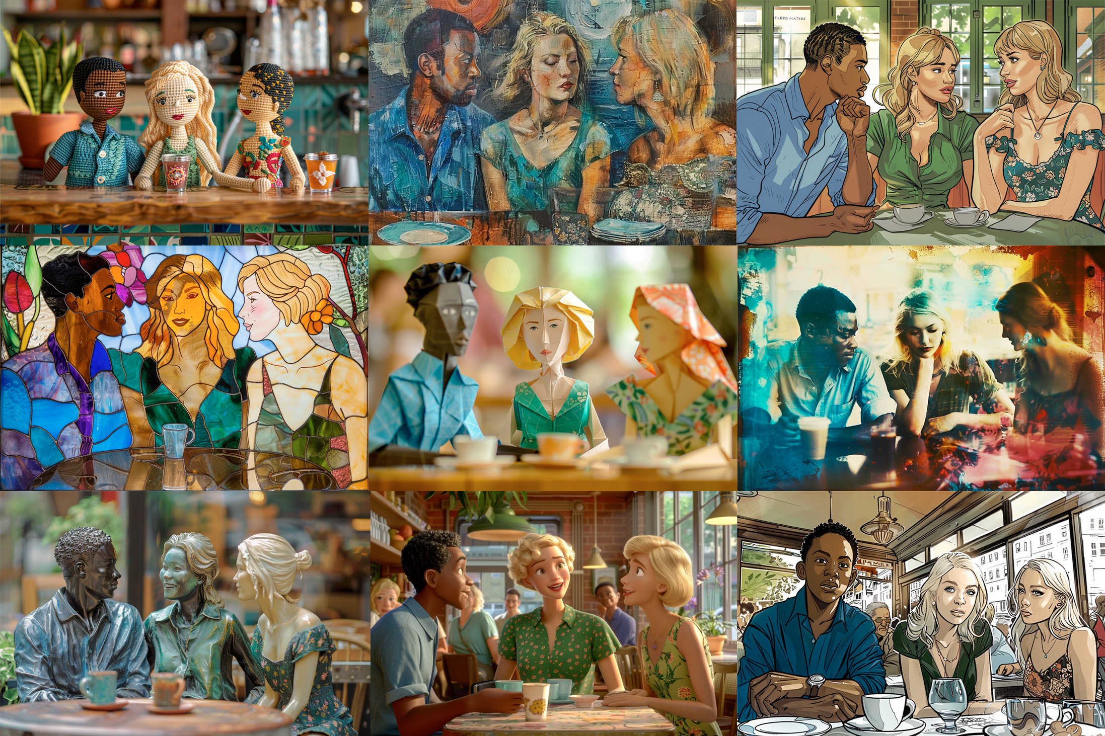 Example of a few (of the many) artistic styles you can produce with Midjourney.