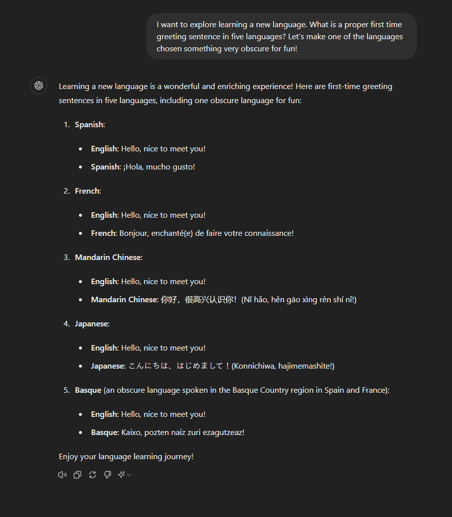 ChatGPT provides 'Hello, nice to meet you!' in 5 languages.