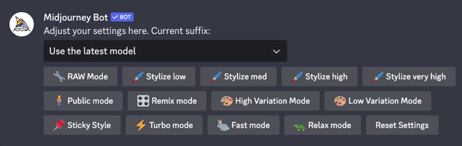 Settings are default preferences you set that shape how Midjourney responds to your prompts, unless otherwise specified. 