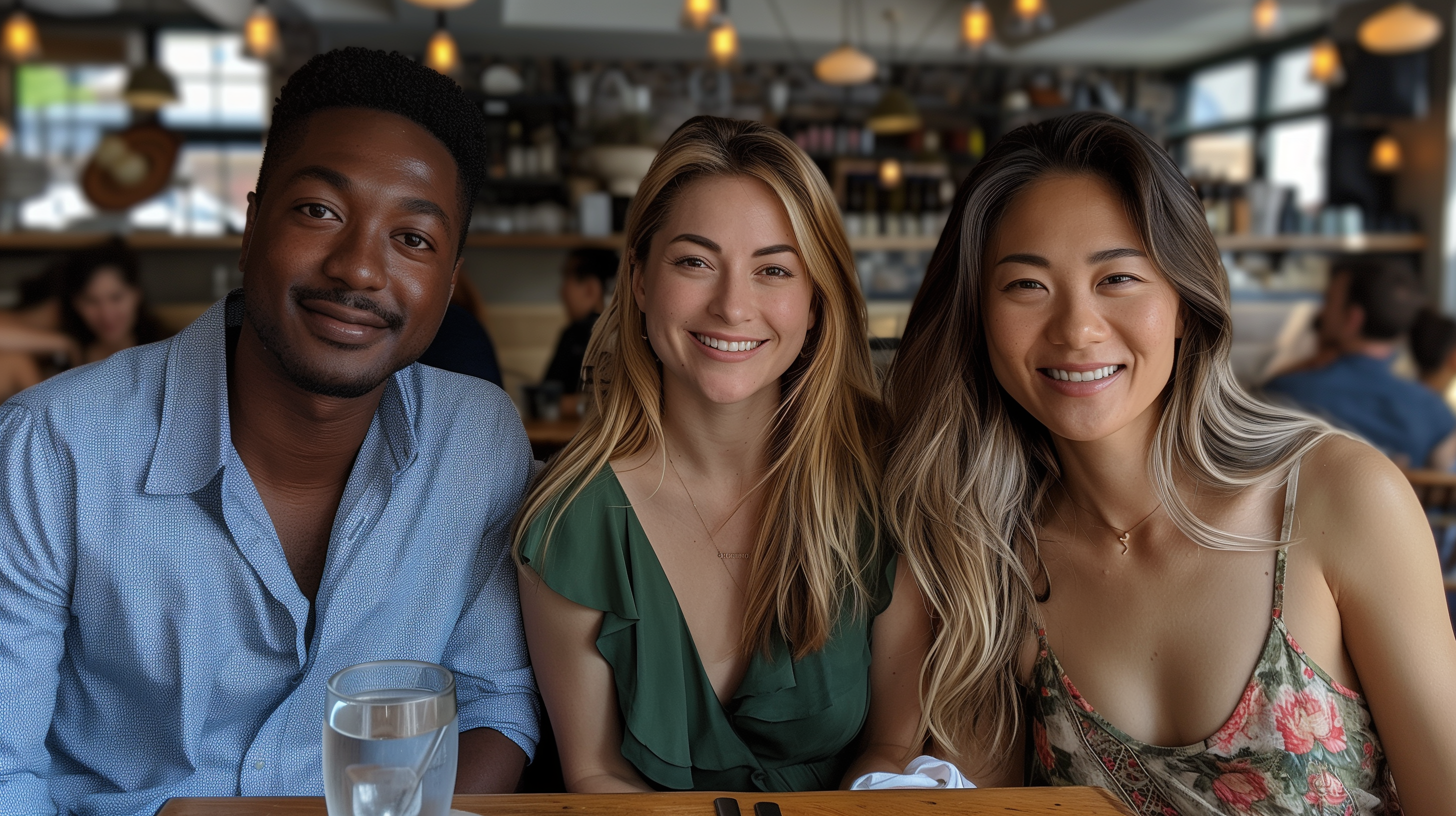 High-Resolution Image of Three Friends at a Coffee Shop